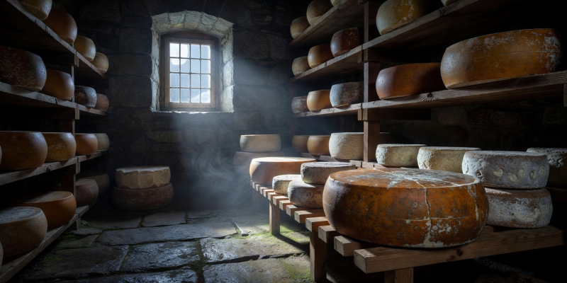 Artisanal cheese aging in dark cellar illuminated by moonlit window