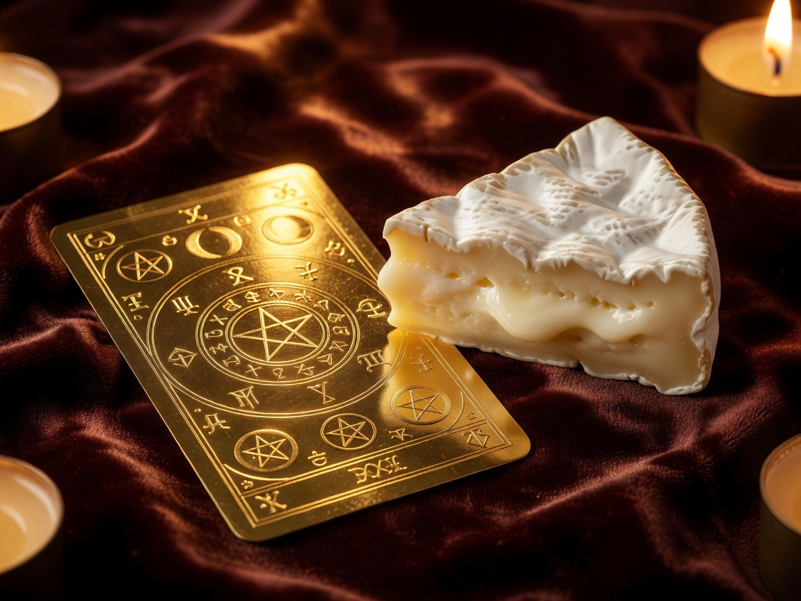 Mystical gold tarot card resting beside a ripe wedge of creamy artisanal Camembert cheese on a white linen table