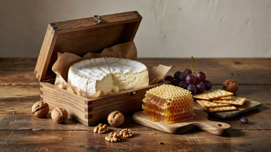 The Wheel of Fortune Tasting Box featuring aged Camembert cheese wheel and honeycomb